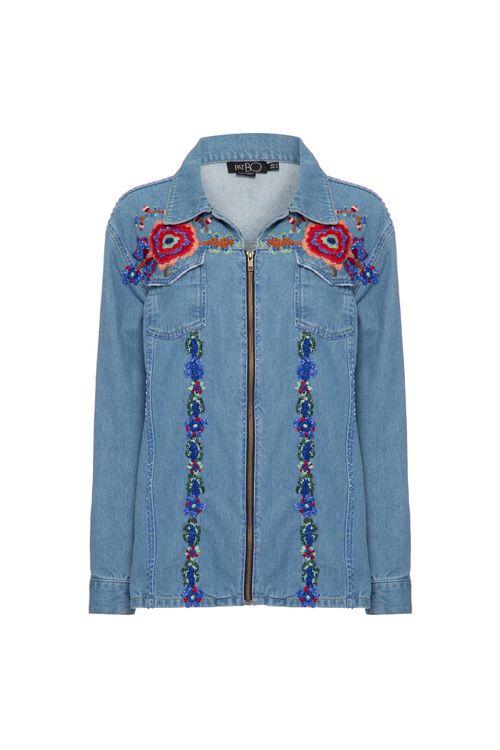 Jaqueta bordada zíper upscale denim azul
