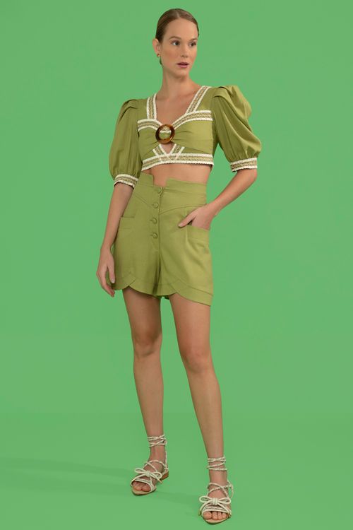 Short botões linho french verde