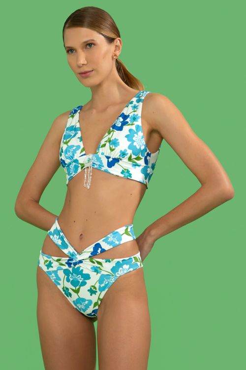 Top biquíni bordado retrô flower off white