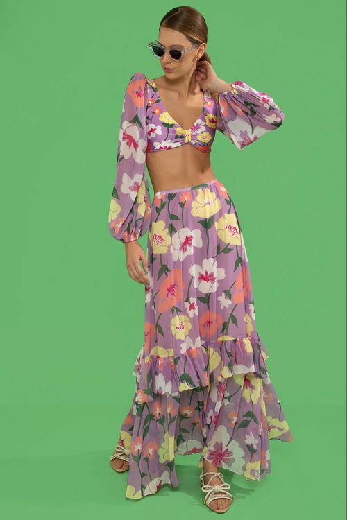 Top biquíni ombreiras retrô flower lilas