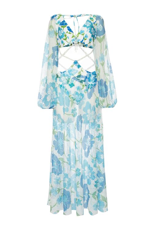 Vestido longo bordado tiras retrô flower off white
