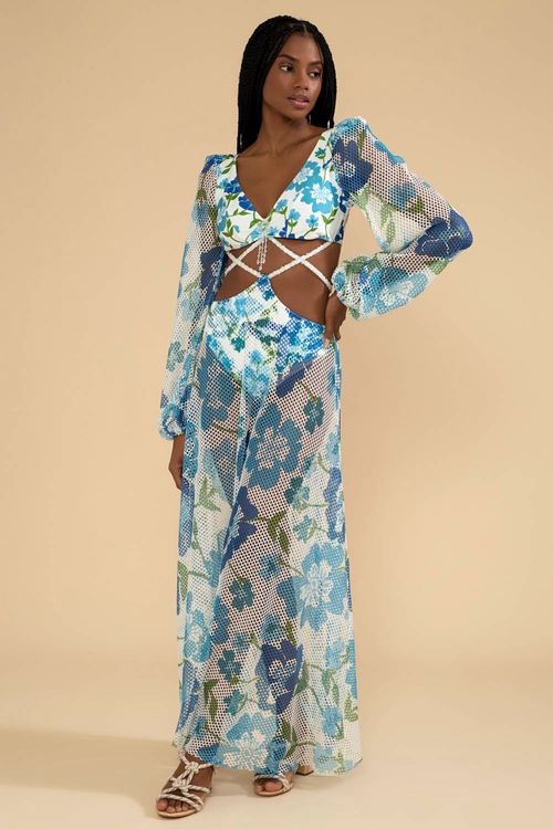 Vestido longo bordado tiras retrô flower off white