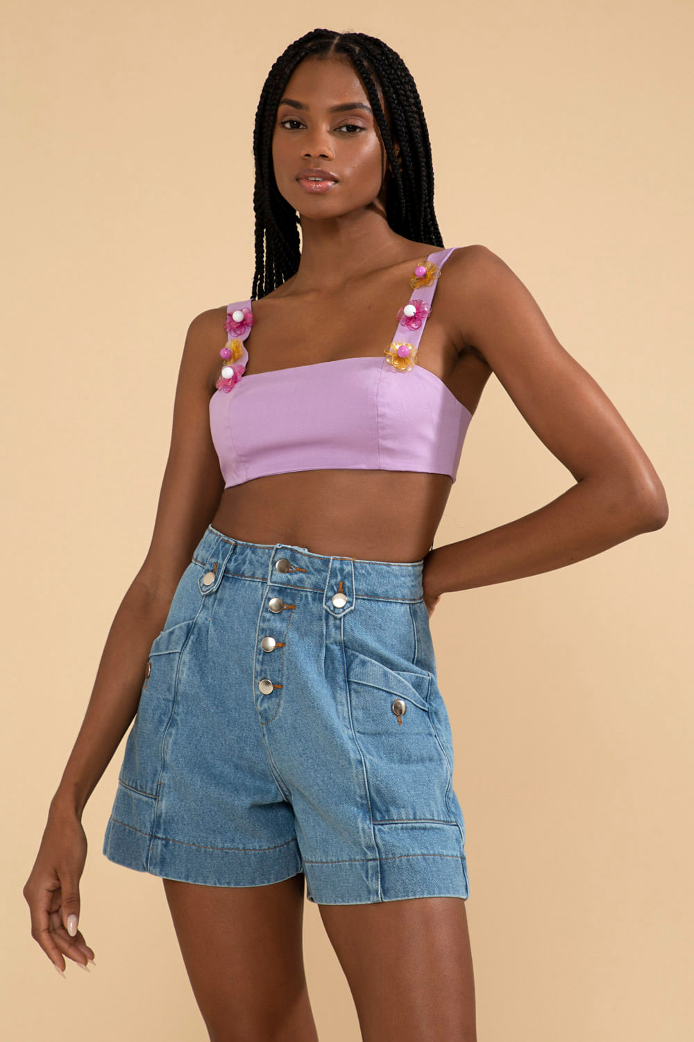 Top cropped bordado tricoline jane lilas