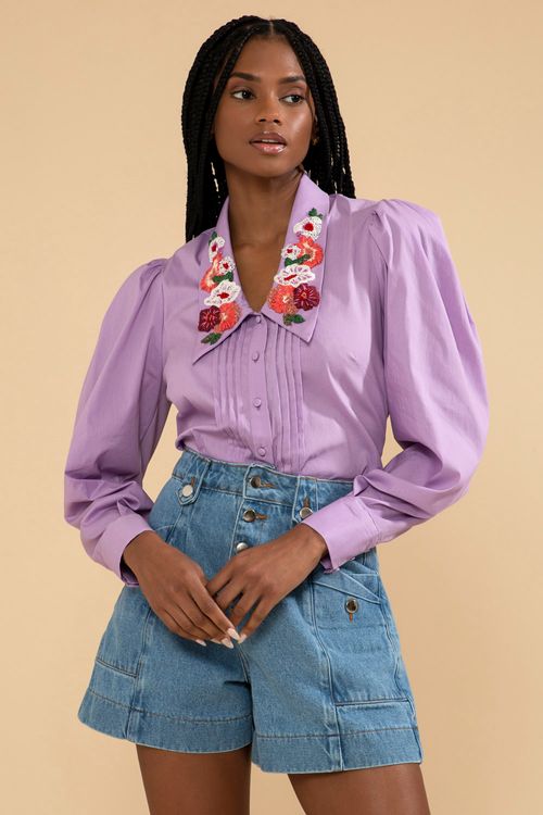 Camisa bordada tricoline jane lilas