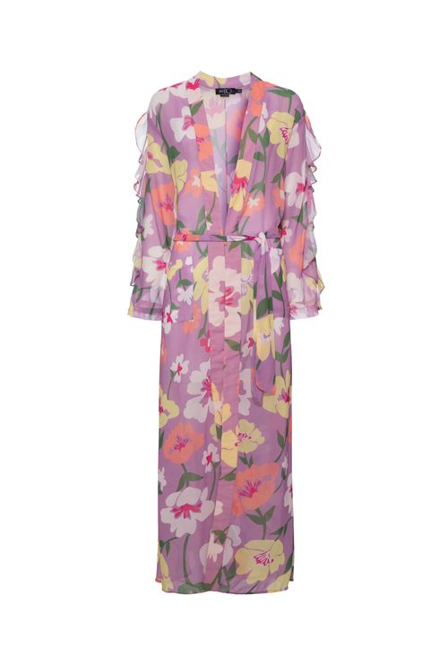 Kimono longo retrô flower lilas