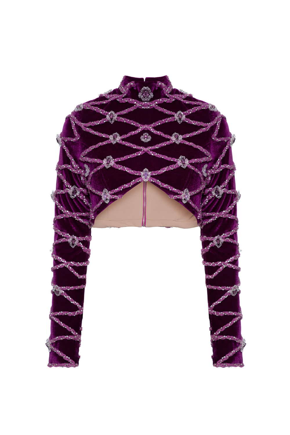 Top cropped manga longa veludo crystal roxo