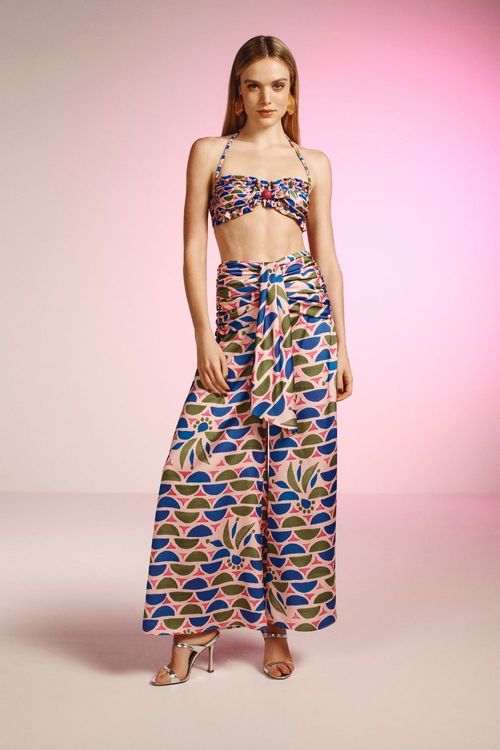 Top biquíni babado lycra geométrico puna rosa