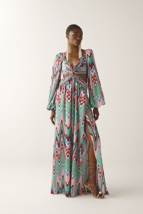Vestido longo recortes cetim waves verde