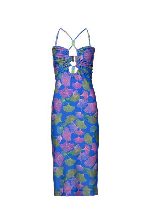 Vestido mídi tubinho lycra memory leaves azul