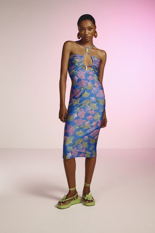 Vestido mídi tubinho lycra memory leaves azul