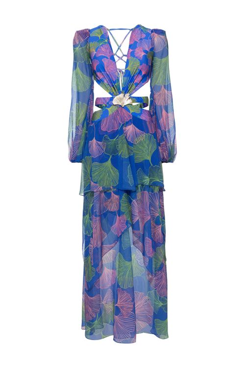 Vestido longo fivela lycra memory leaves azul