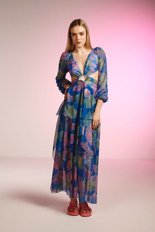 Vestido longo fivela lycra memory leaves azul