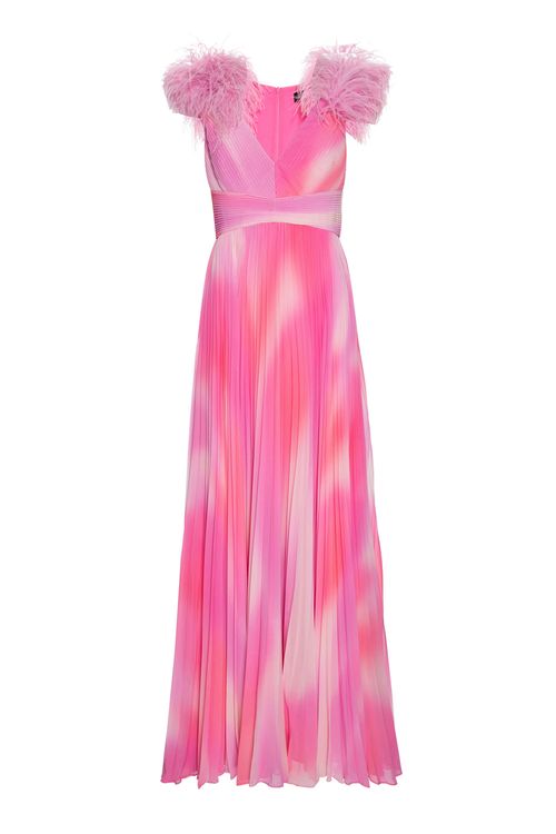 Vestido longo plumas degradê cosmic rosa