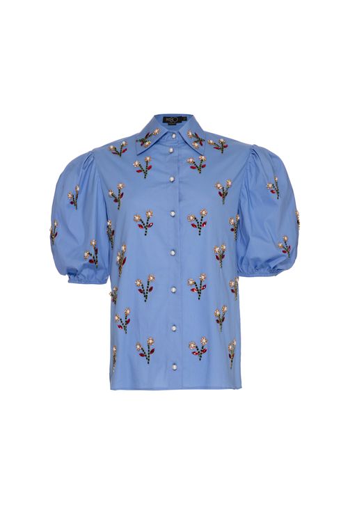 Camisa mangas bufantes bordado tricoline spencer azul