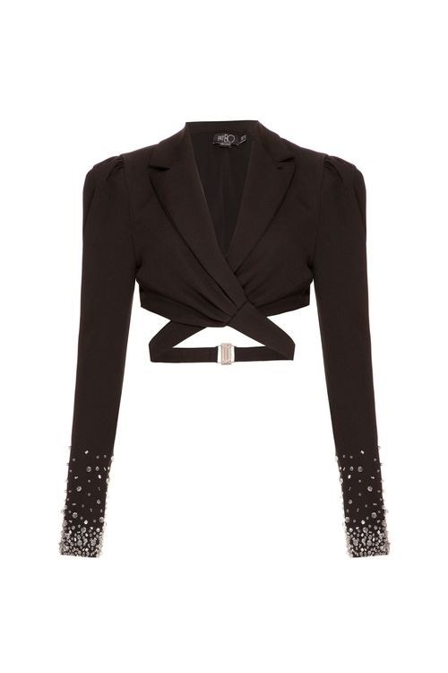 Blazer cropped bordado crepe edie preto