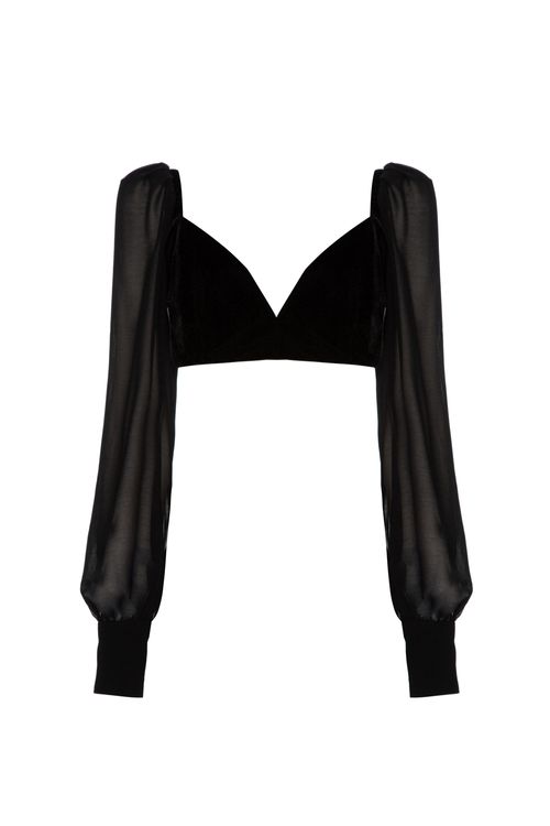 Top cropped mangas veludo eve preto
