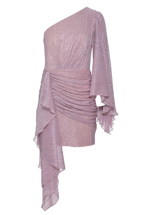 Vestido curto ombro único lurex new york rosa