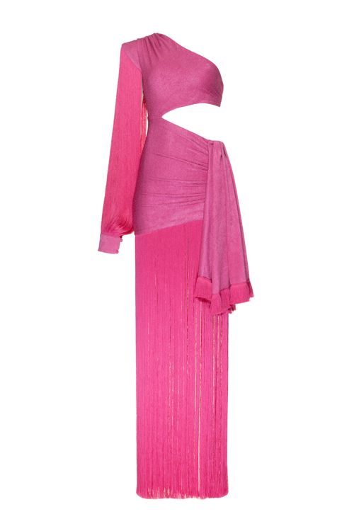 Vestido longo manga franjas malha luxor spy rosa