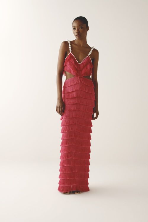 Vestido longo franjas malha luxor spy rosa