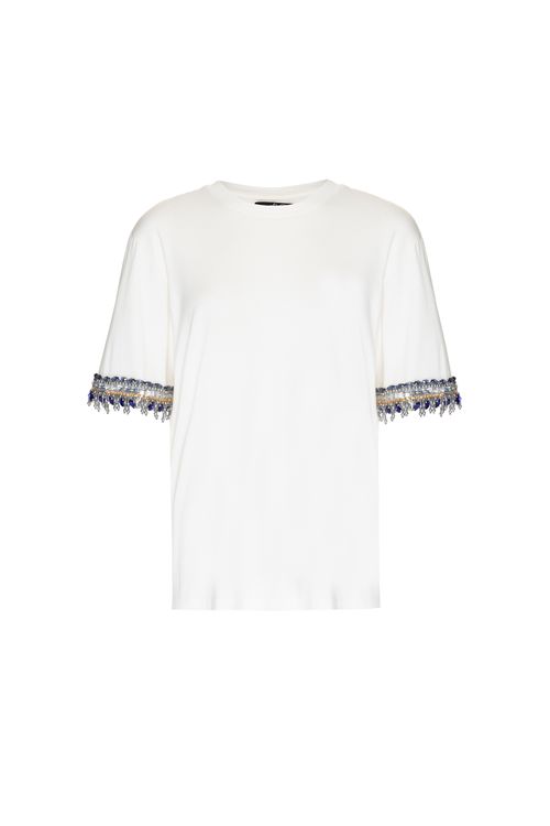 T-shirt manga bordado pedraria off white