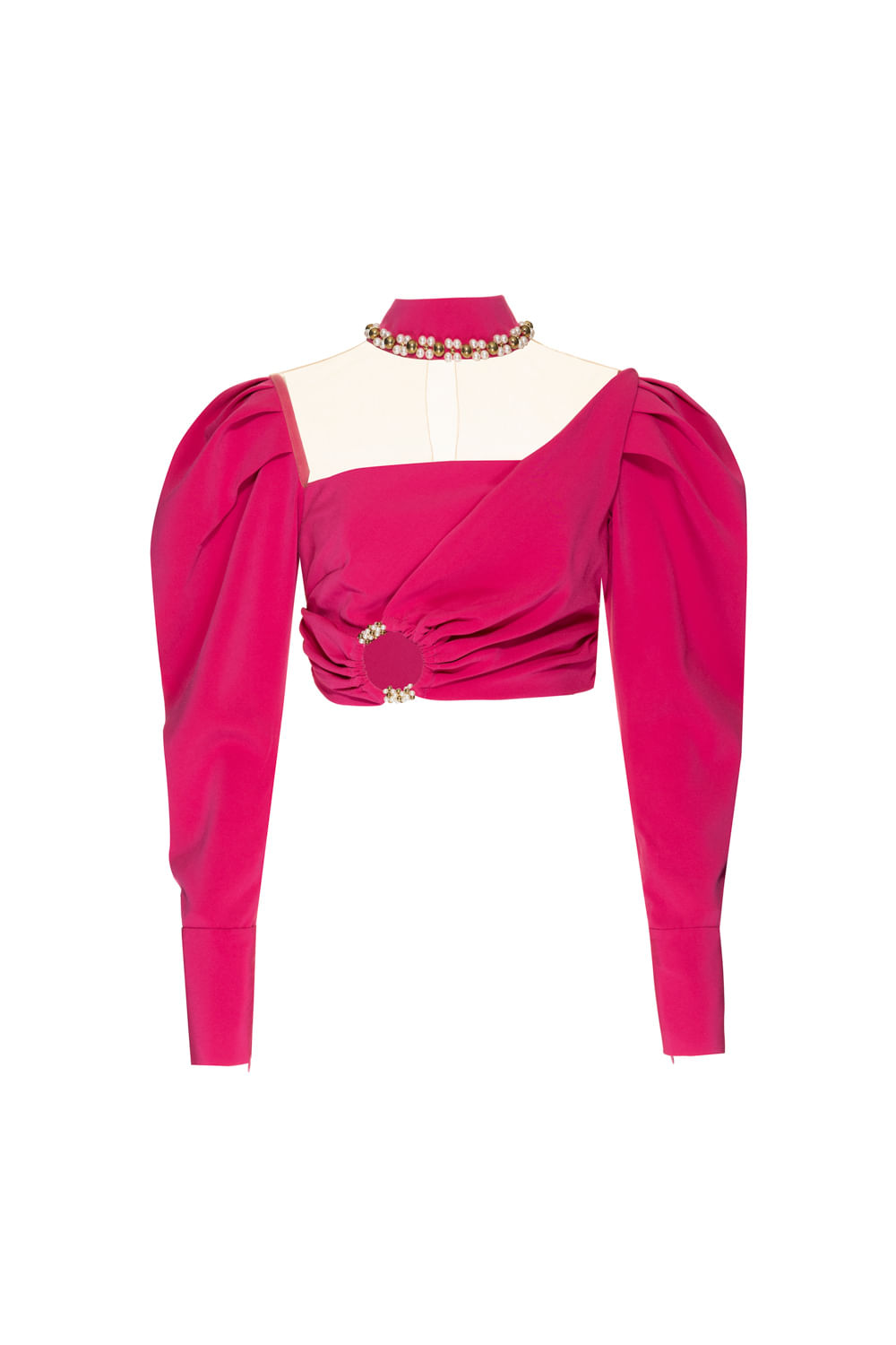 Top cropped argola bordado cetim pink