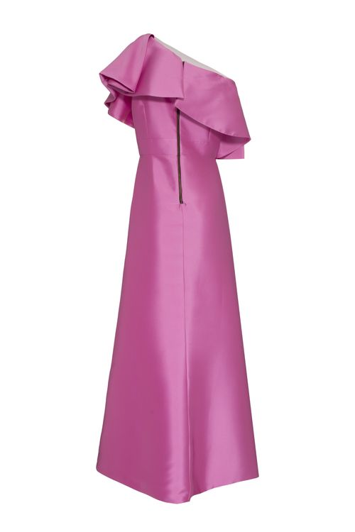Vestido longo ombro único babado zibeline rosa