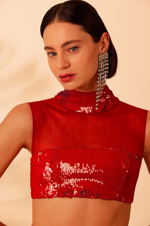Top cropped gola alta paetê vibrant vermelho