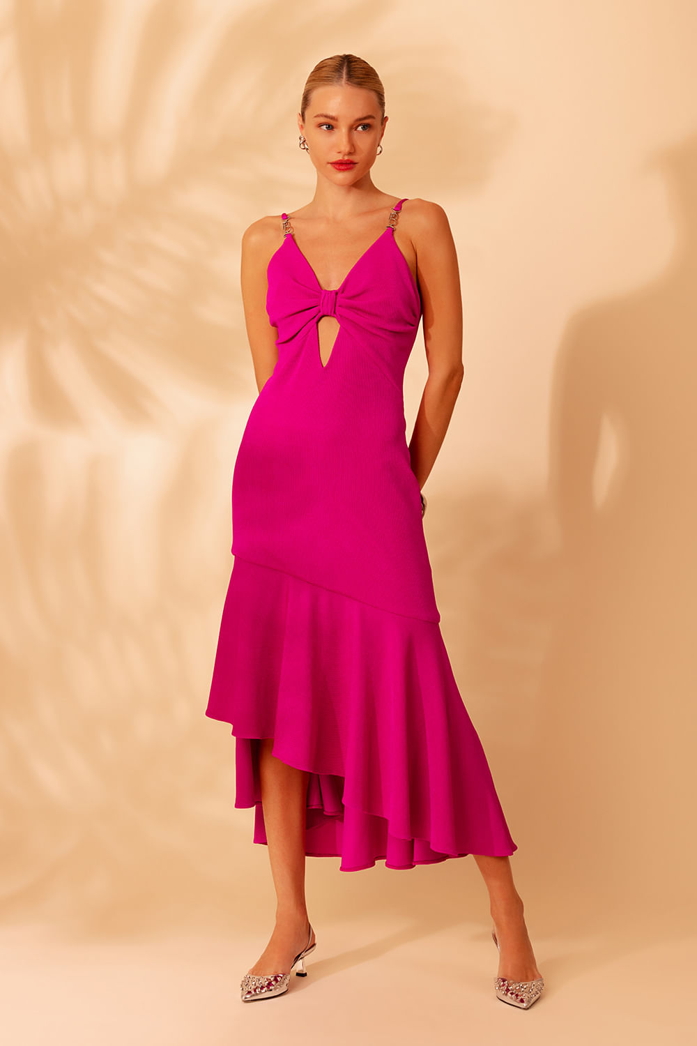 Vestido mídi pregas malha starry rosa