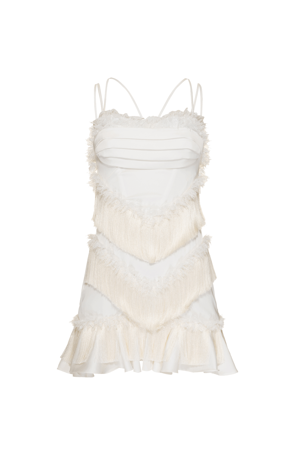 Vestido curto franjas cetim old glam off white