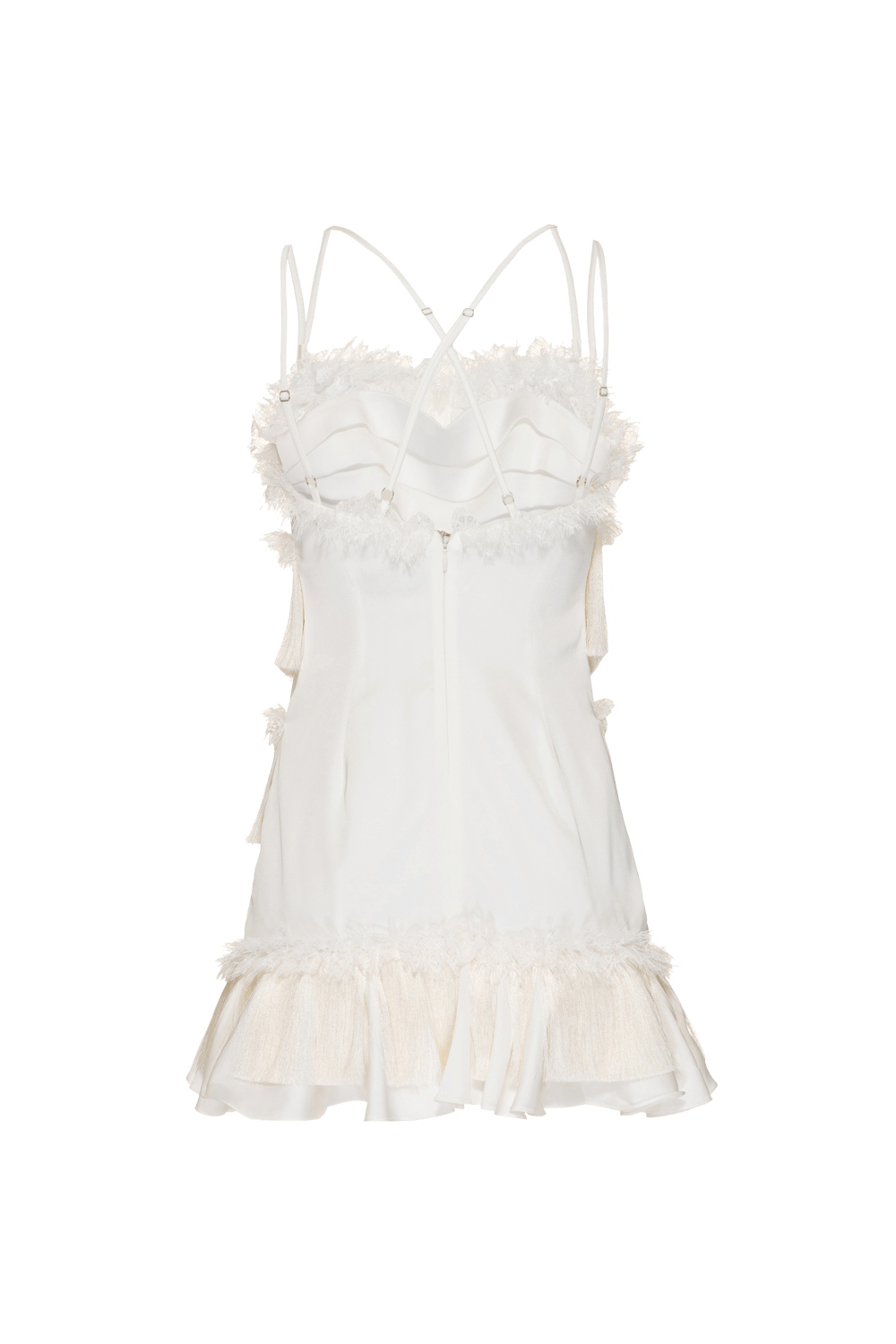 Vestido curto franjas cetim old glam off white