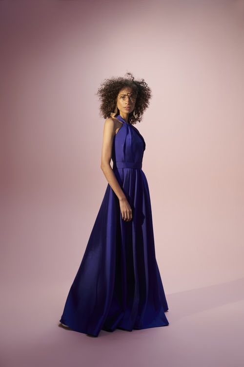 Vestido longo frente única pregas étoile mikado azul