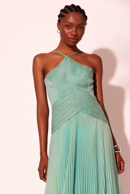 Vestido longo drapeado silky resort verde menta
