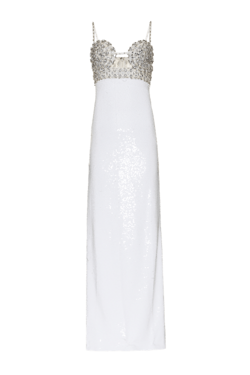 Vestido longo recortes bordado paetê vibrant off white