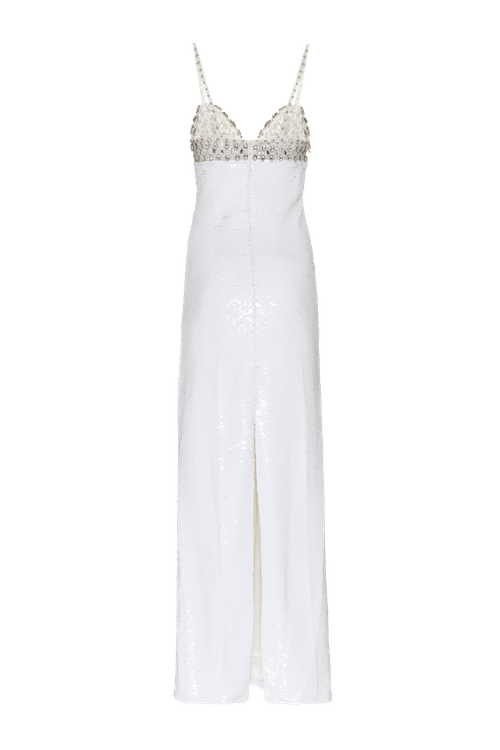 Vestido longo recortes bordado paetê vibrant off white