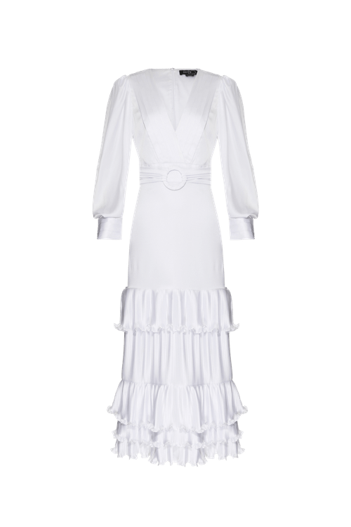Vestido mídi babados cetim serenity off white