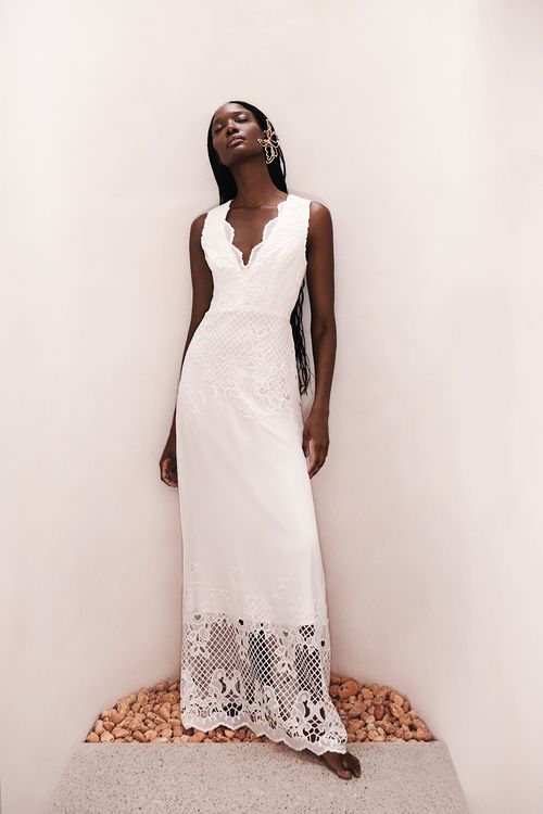 Vestido longo chiffon pearl glam off white