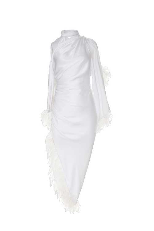 Vestido mídi plumas cetim serenity off white