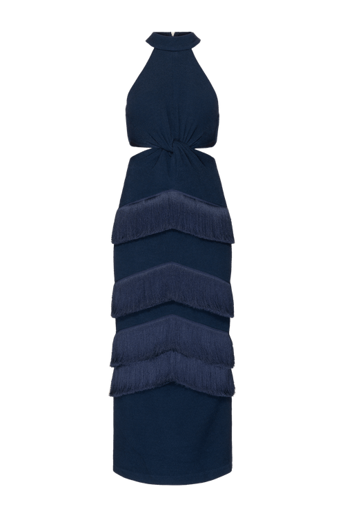 Vestido longo fente única gemini acqua azul escuro