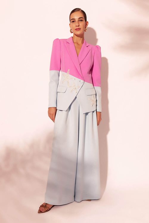 Blazer bicolor bordado crepe vick azul/rosa