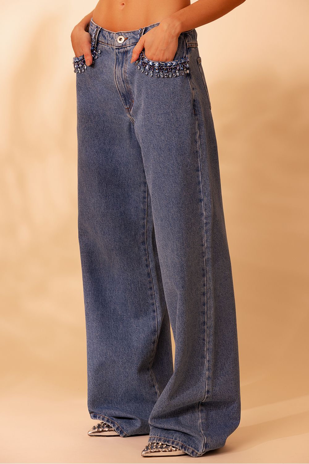 Calça bordada ampla essential denim azul