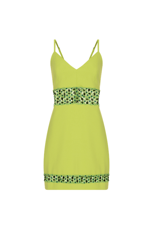 Vestido curto recortes bordado crepe joyful verde