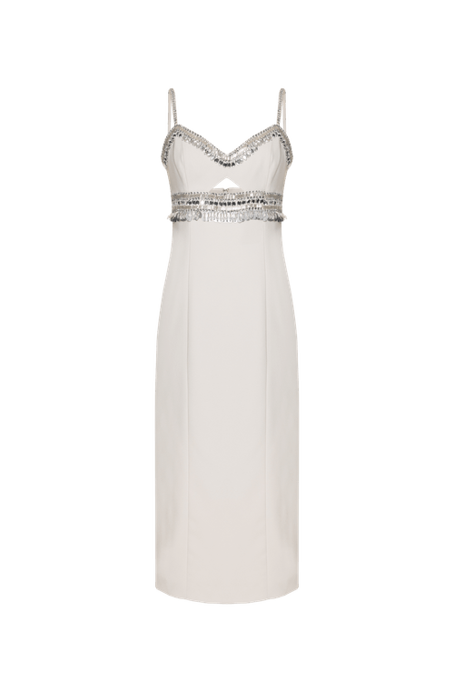 Vestido mídi bordado crepe joyful off white