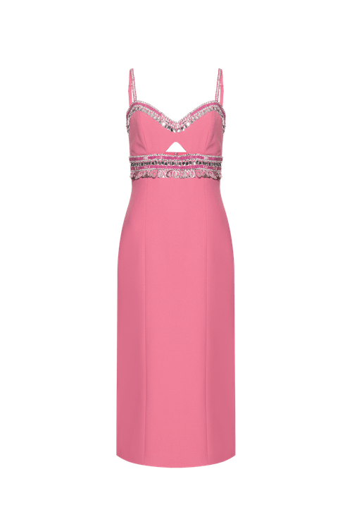 Vestido mídi bordado crepe joyful rosa