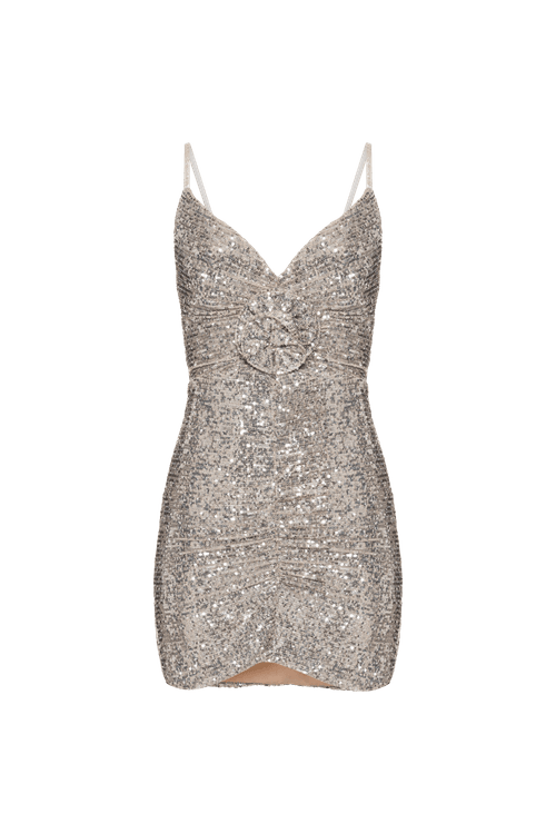 Vestido curto franzidos paetê golden star prata