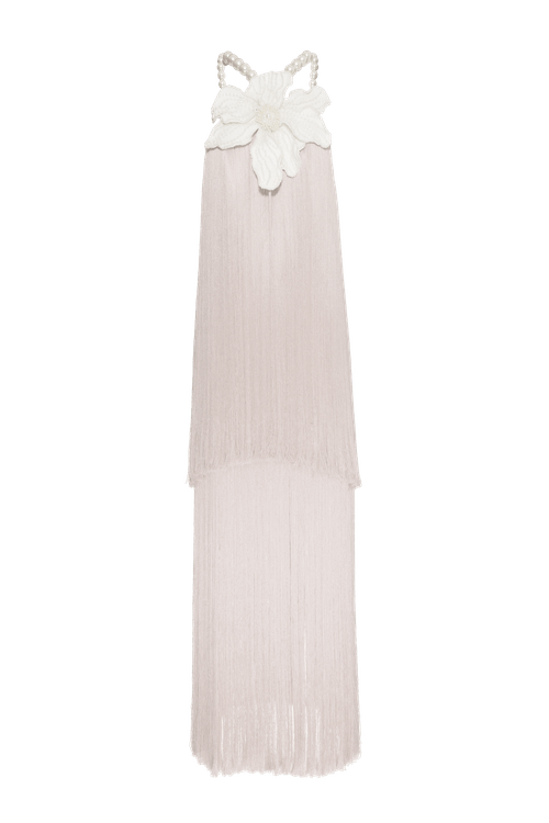 Vestido longo franjas cetim eloise off white