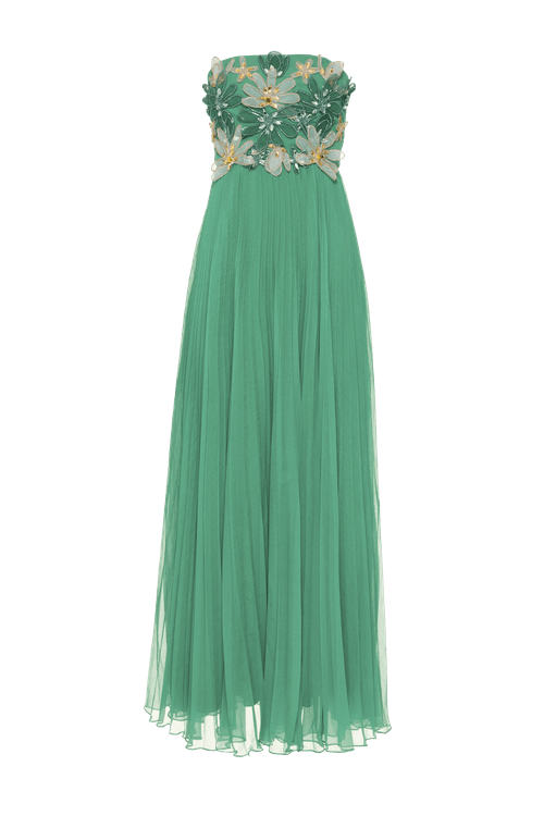 Vestido longo bordado silky grace aura verde escuro