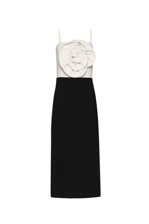 Vestido mídi flower crepe blume off white e preto