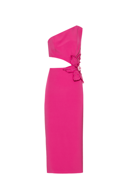 Vestido mídi ombro único crepe luxe pink