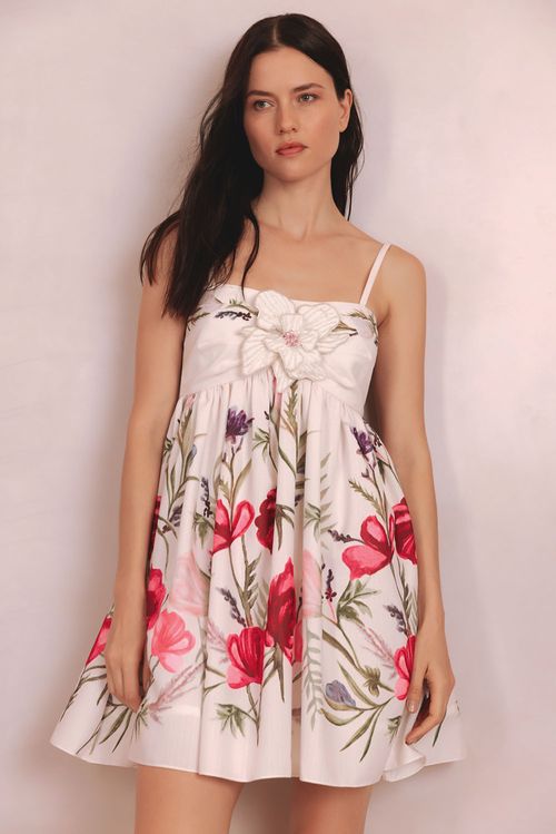 Vestido curto franzidos vieira flower off white