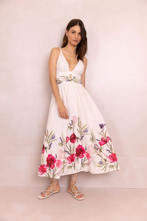 Vestido mídi vieira flower off white